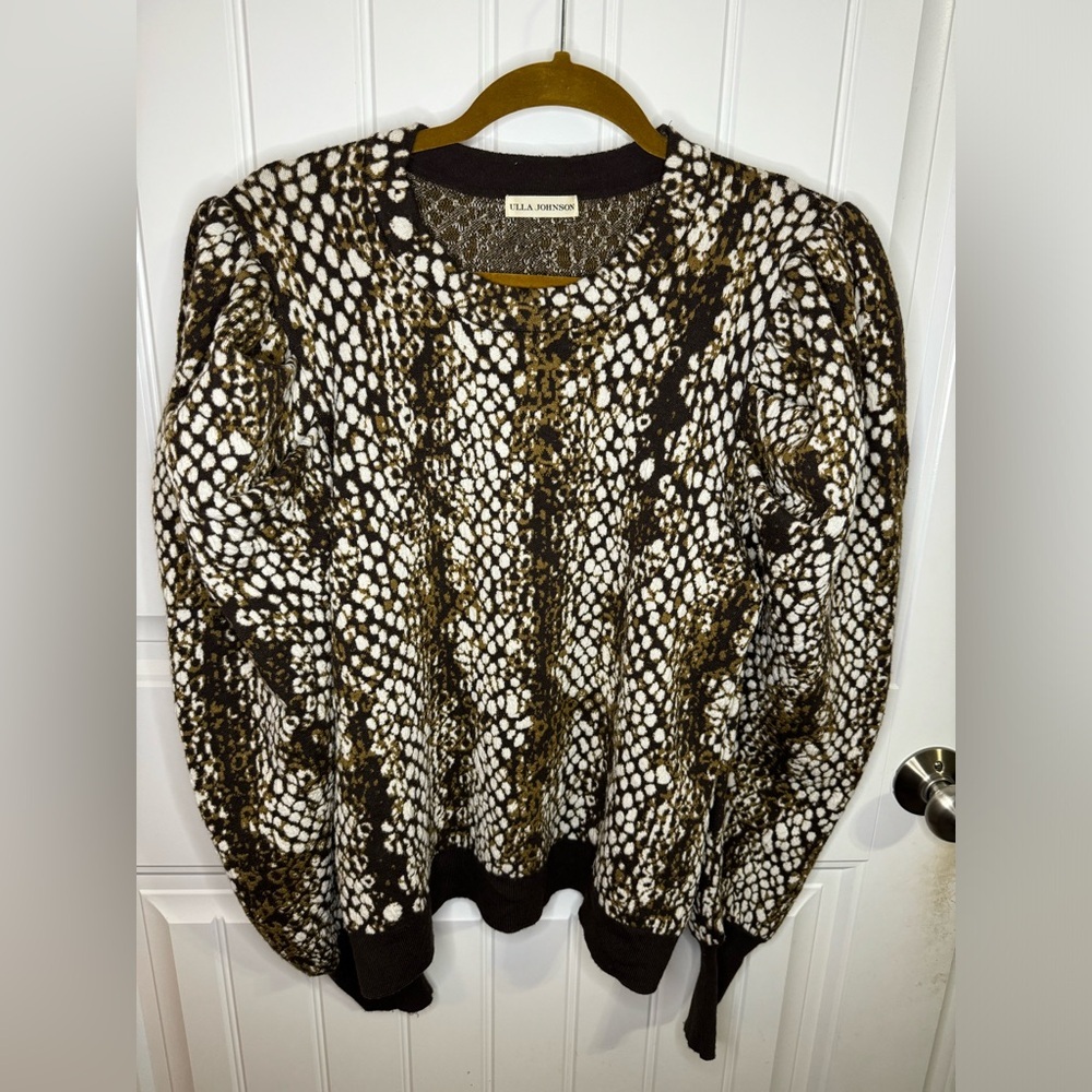 Ulla Johnson Black White Brown Printed Puff-Sleeve Crewneck Sweater - Picture 2 of 7